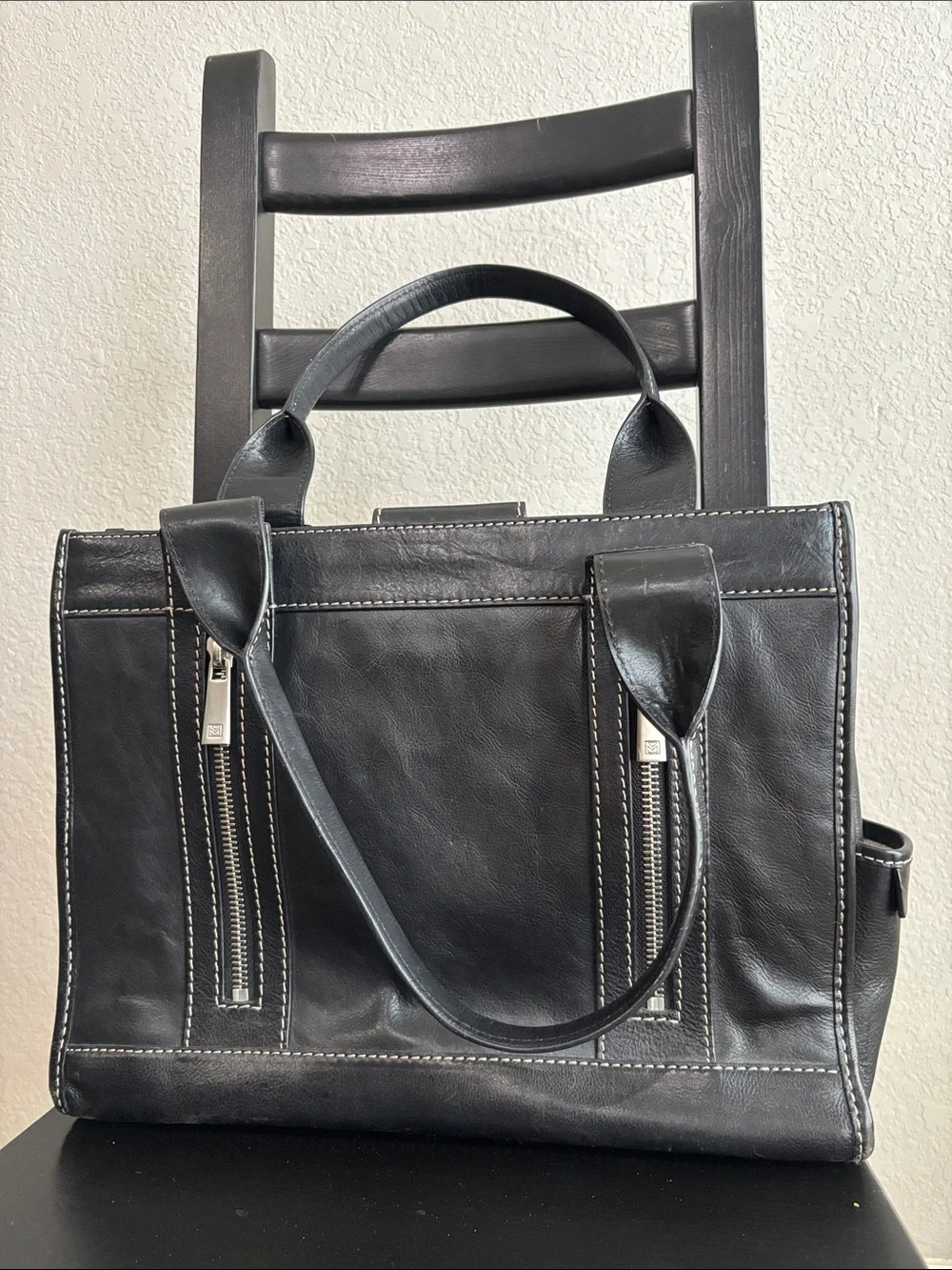 Black Leather Structured Tote with White Contrast Stitching Fits 12.5” laptop